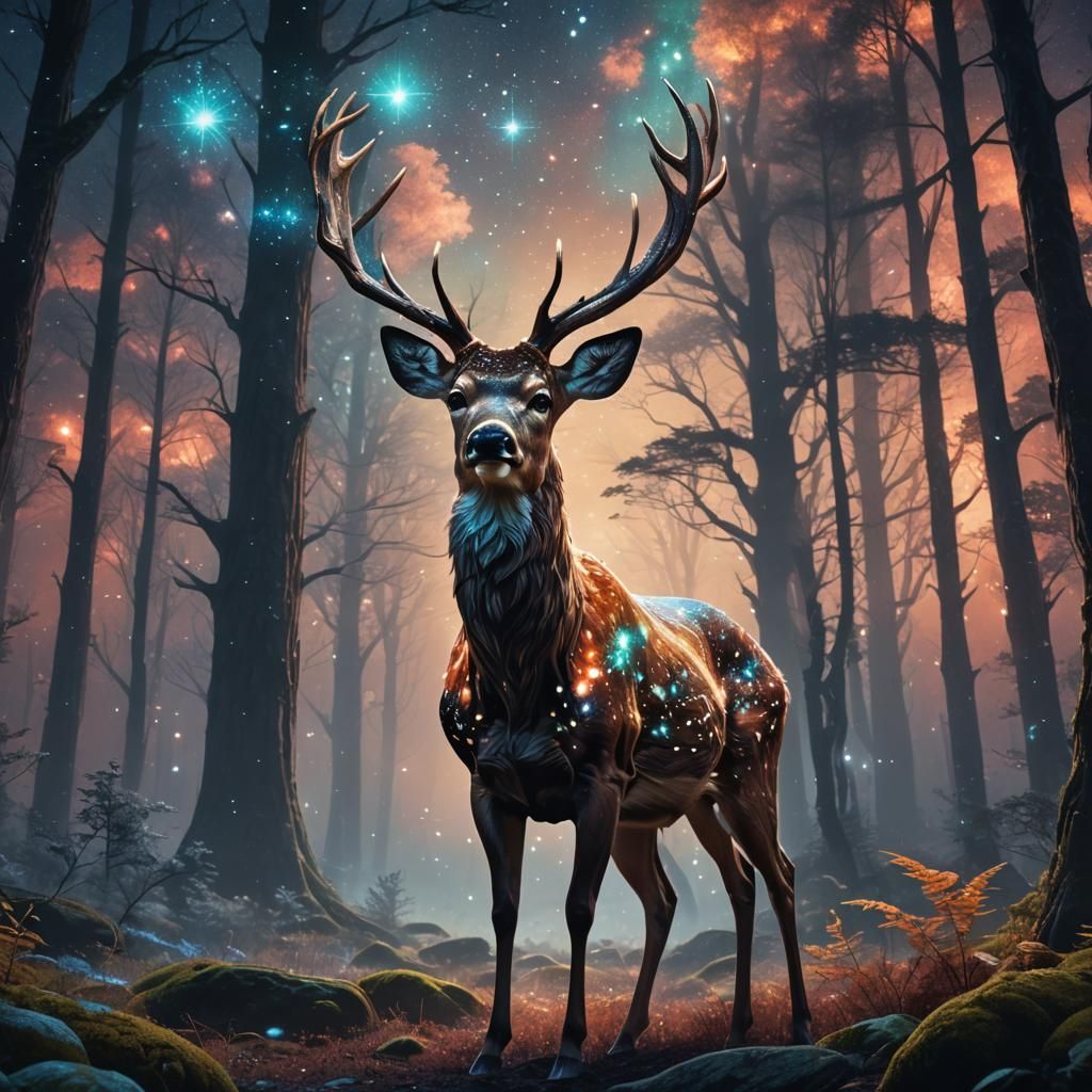 Deer Under Starry Nebula in Forest: Digital Illustration