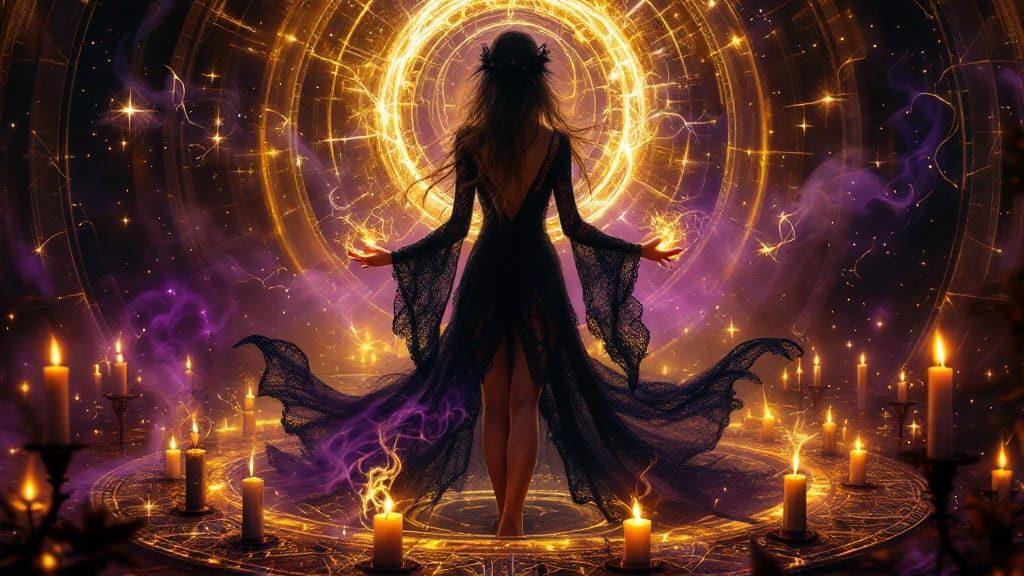 Young Witch Conjuring Magic in Candlelight Circle