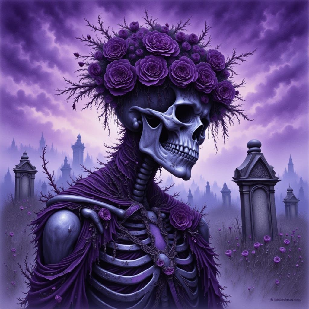 Skeleton Adorned with Dark Purple Roses in Twilight