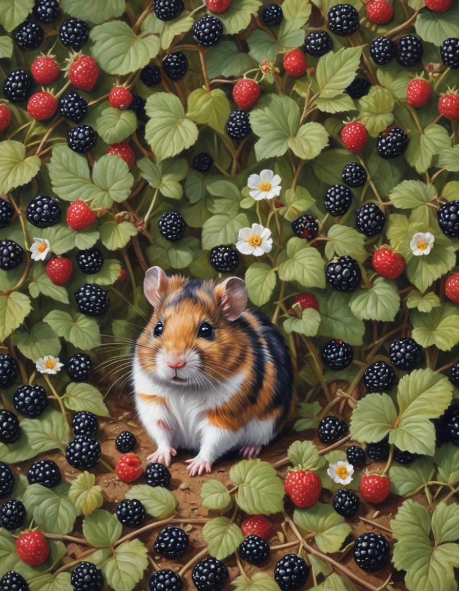 Hamster in Blackberry Patch: Oil Painting