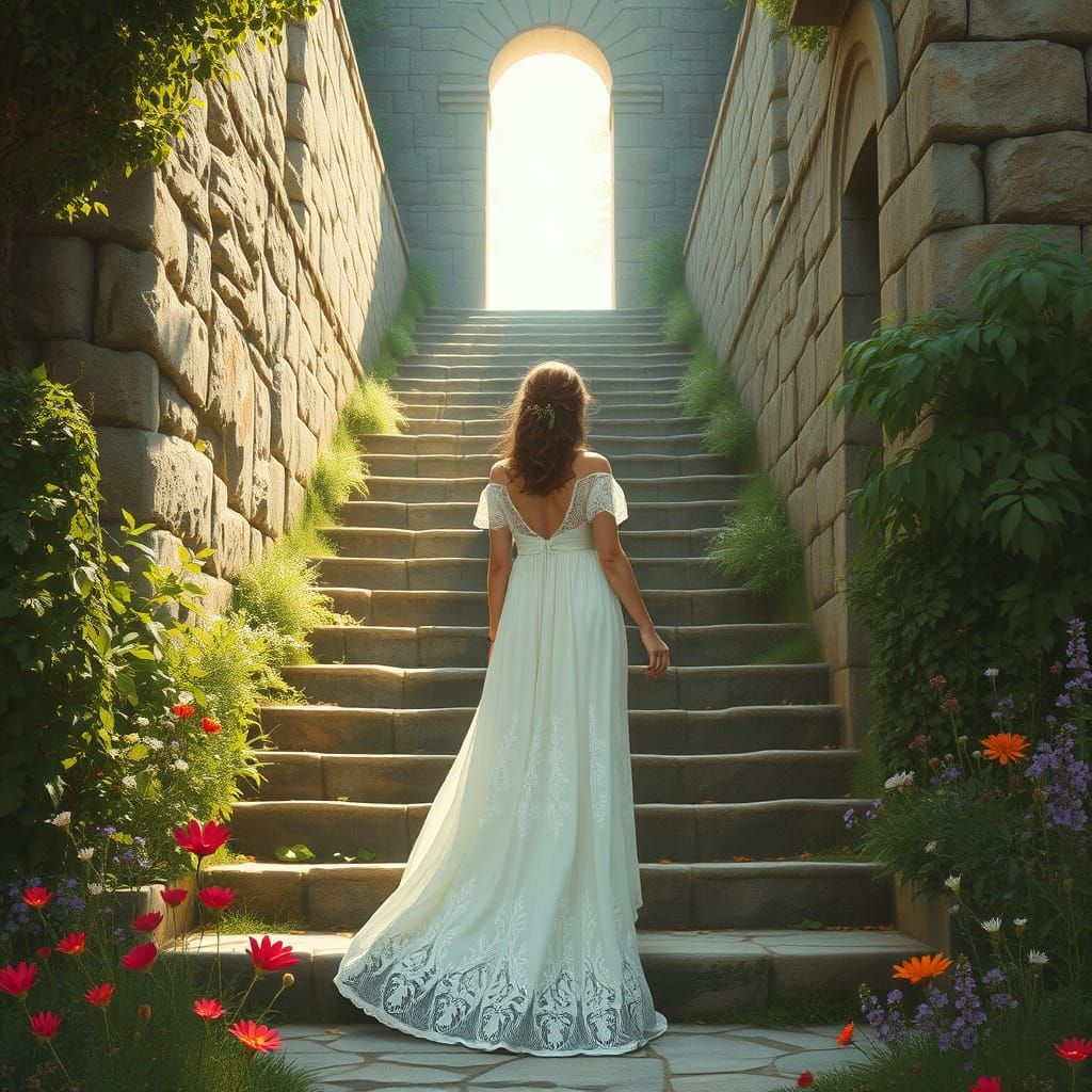 Ethereal Woman Ascends Majestic Stairway in Whimsical Pre-Ra...