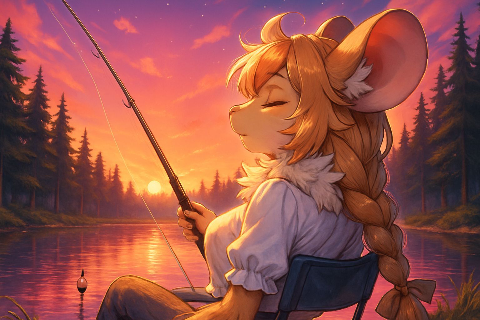 Anime Mouse Fishing in Fantasy Landscape