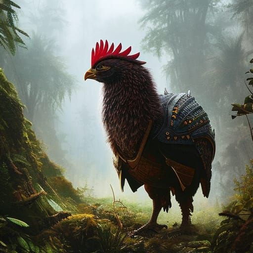 Armored Chicken Warrior in Jungle, Digital Art
