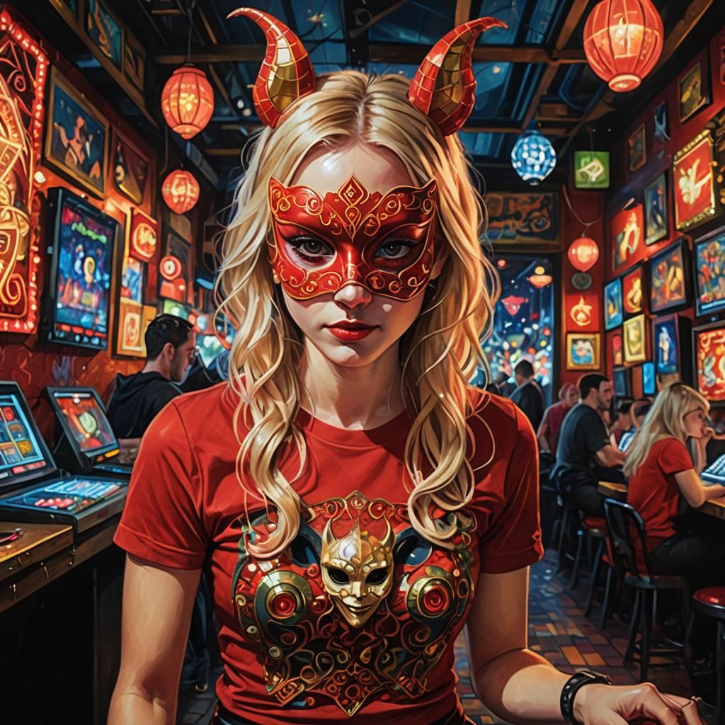 Blonde Girl in Red at Nightclub, Oil Painting