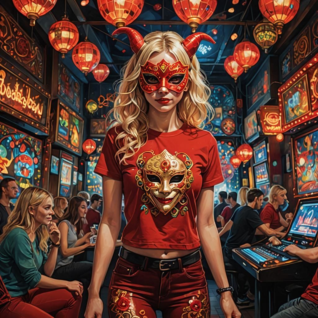 Blonde Girl in Red at Nightclub, Oil Painting