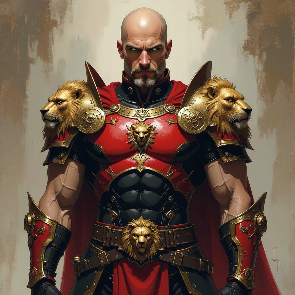 Armored Man with Golden Sideburns in Dramatic Style