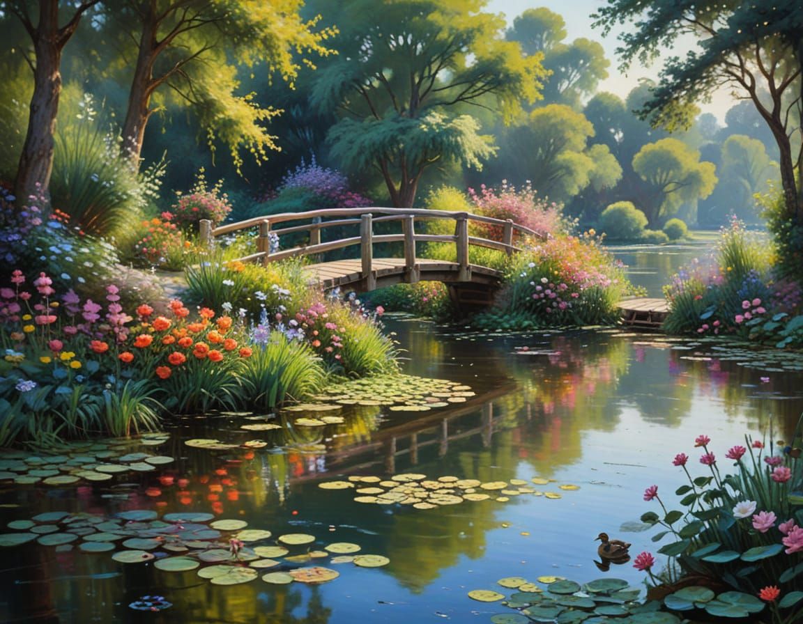 Impressionist Lake Scene with Wooden Bridge and Lush Greener...
