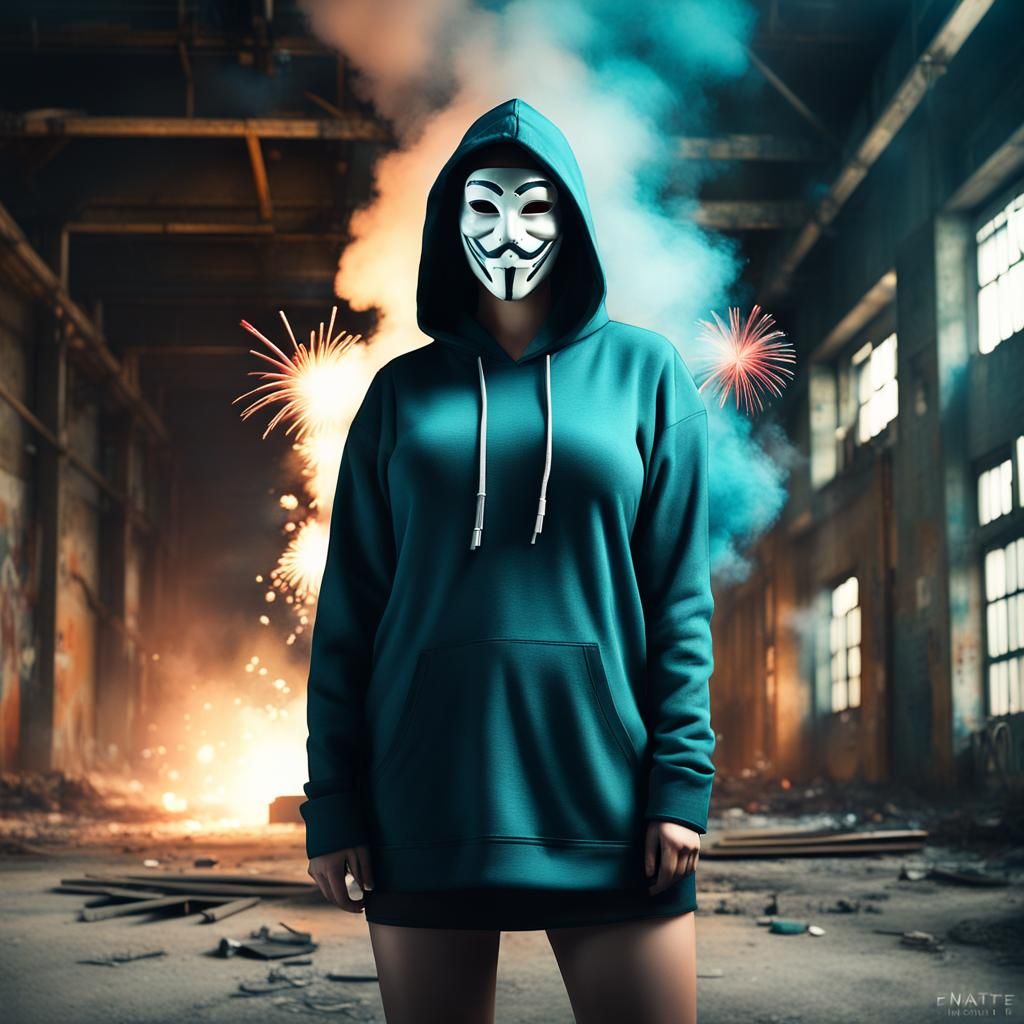 Girl with Fawkes Mask in Abandoned Factory: Digital Art