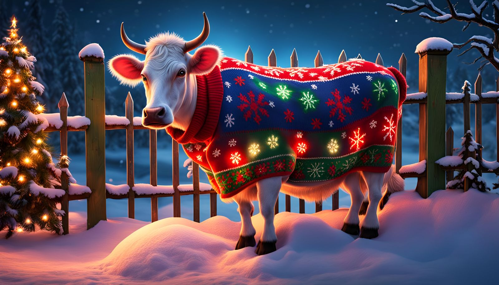 Cow Decorates Fence in Ugly Christmas Sweater