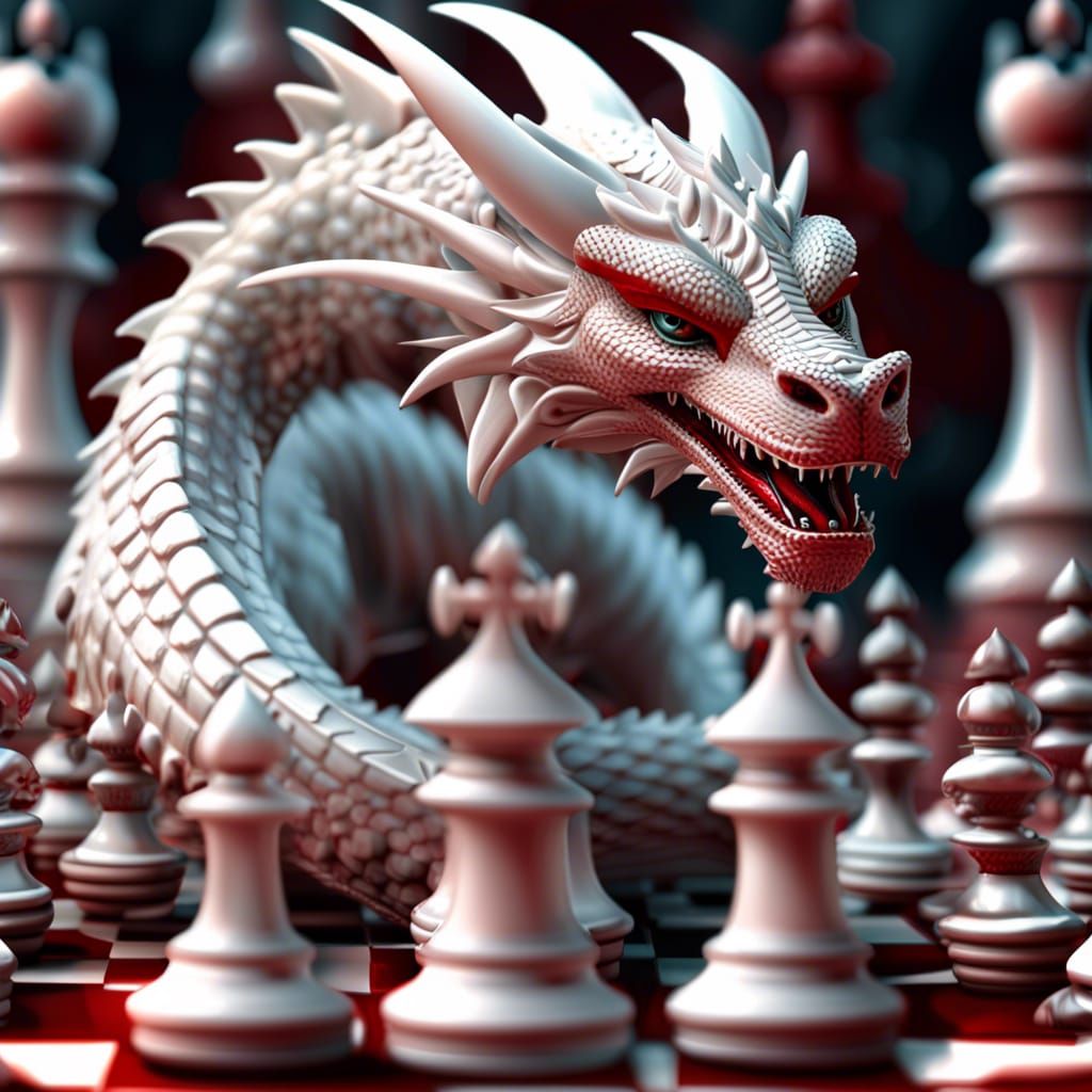 White Queen Dragon on Red Dragon Chess Set