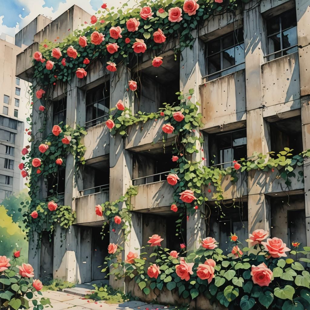 Brutalist Building Embraced by Blooming Roses in Watercolor