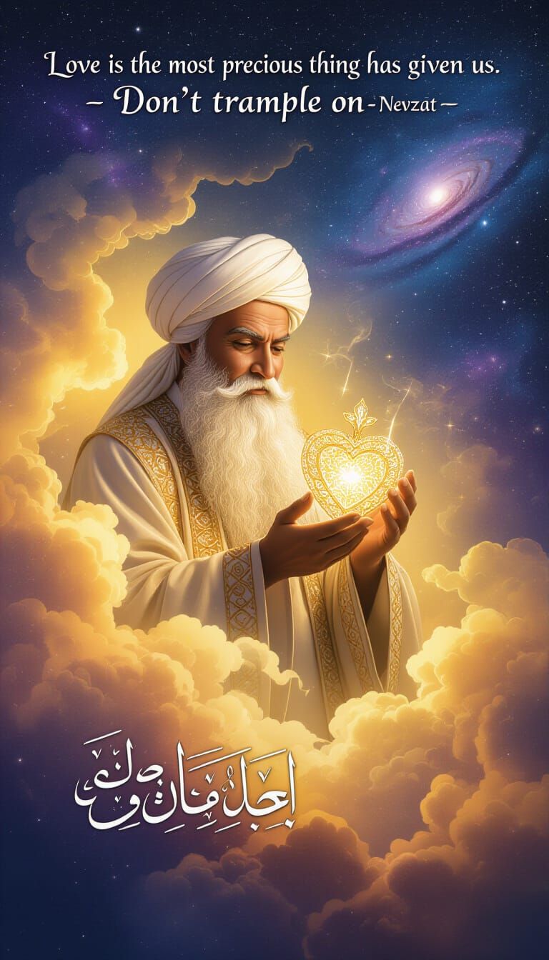 Rumi Emerging from Golden Cloud with Crystal Heart