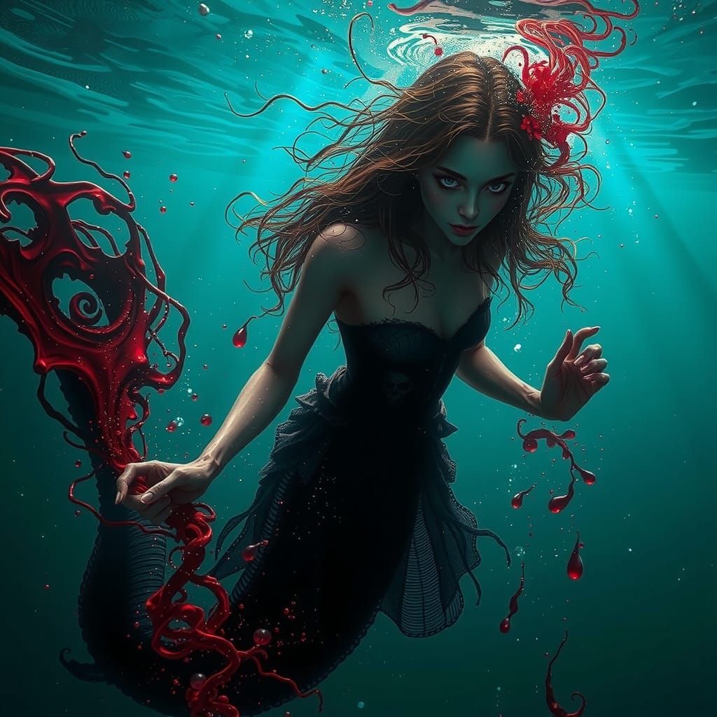 Vampirella Mermaid Underwater in Dark Fantasy Digital Painti...