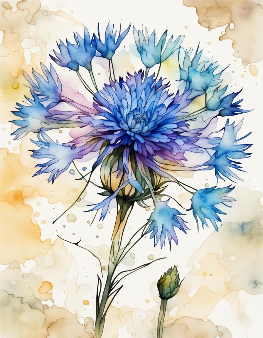 Iridescent Watercolour Bachelor Button Flower Art