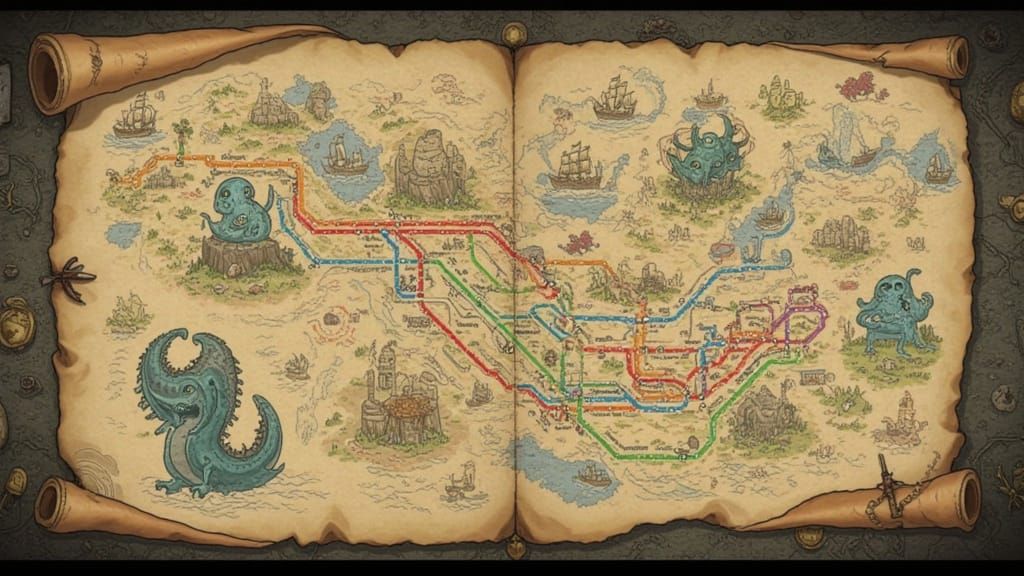 Pirate Treasure Map Style Metro Train Map with Monsters