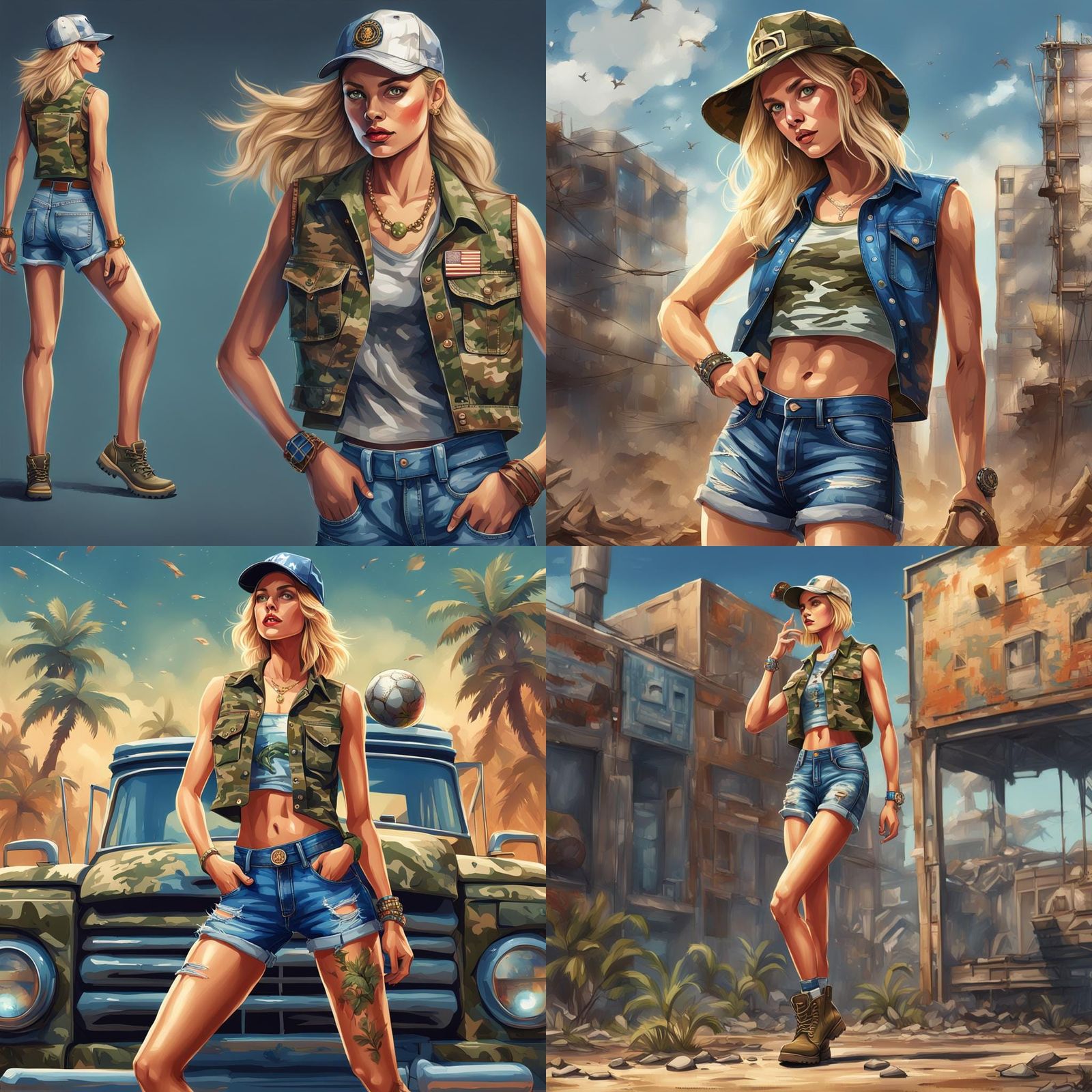 Blonde Woman in Camo Fashion Illustration, Detailed Matte Pa...
