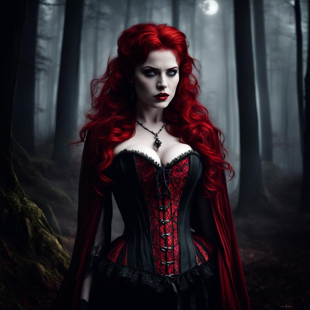 Redhead Vampire in Foggy Forest: Hyperrealistic Horror
