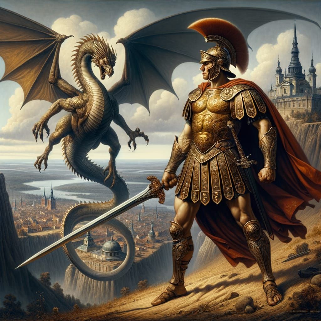 Roman Gladiator Battles Dragon in Renaissance Style