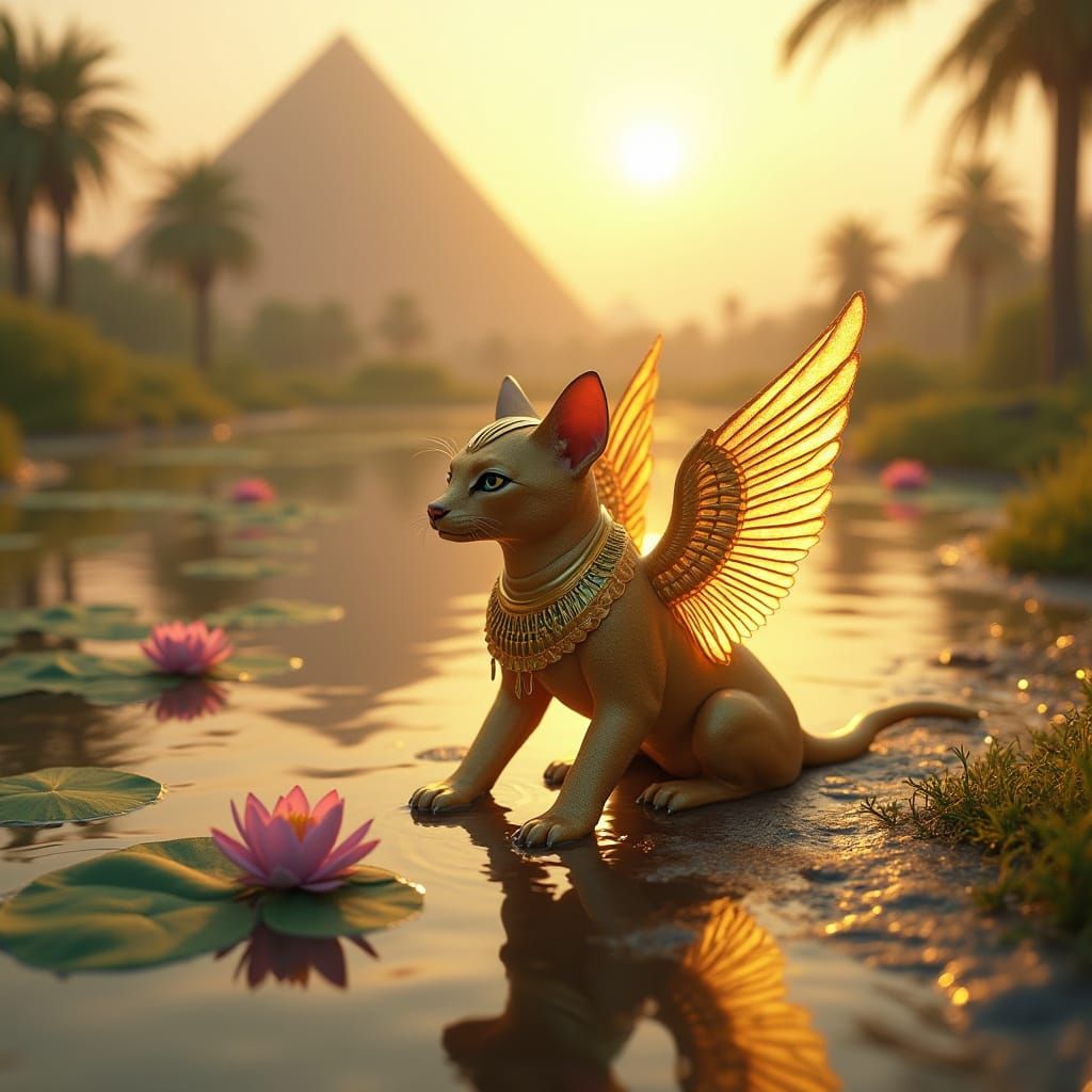 Fantasy Egyptian Sphinx Cub Plays on Nile Riverbanks with Gr...