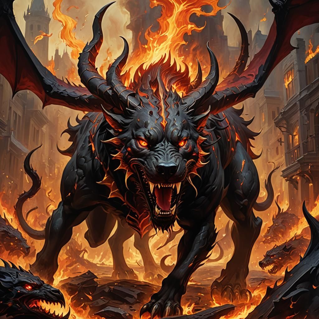 Infernal Six-Legged Hellhound in a Fiery Landscape