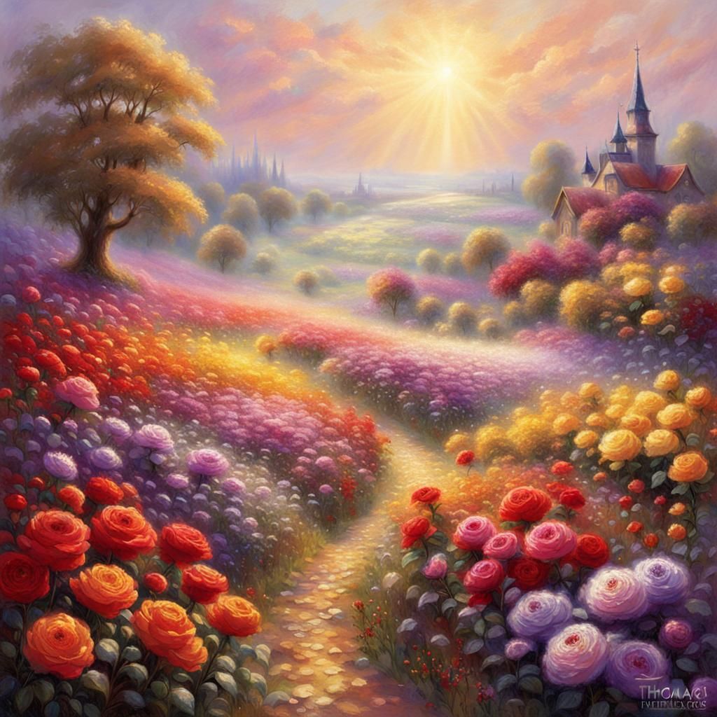 Glittering Roses in Sunlit Field: Ethereal Fantasy Art