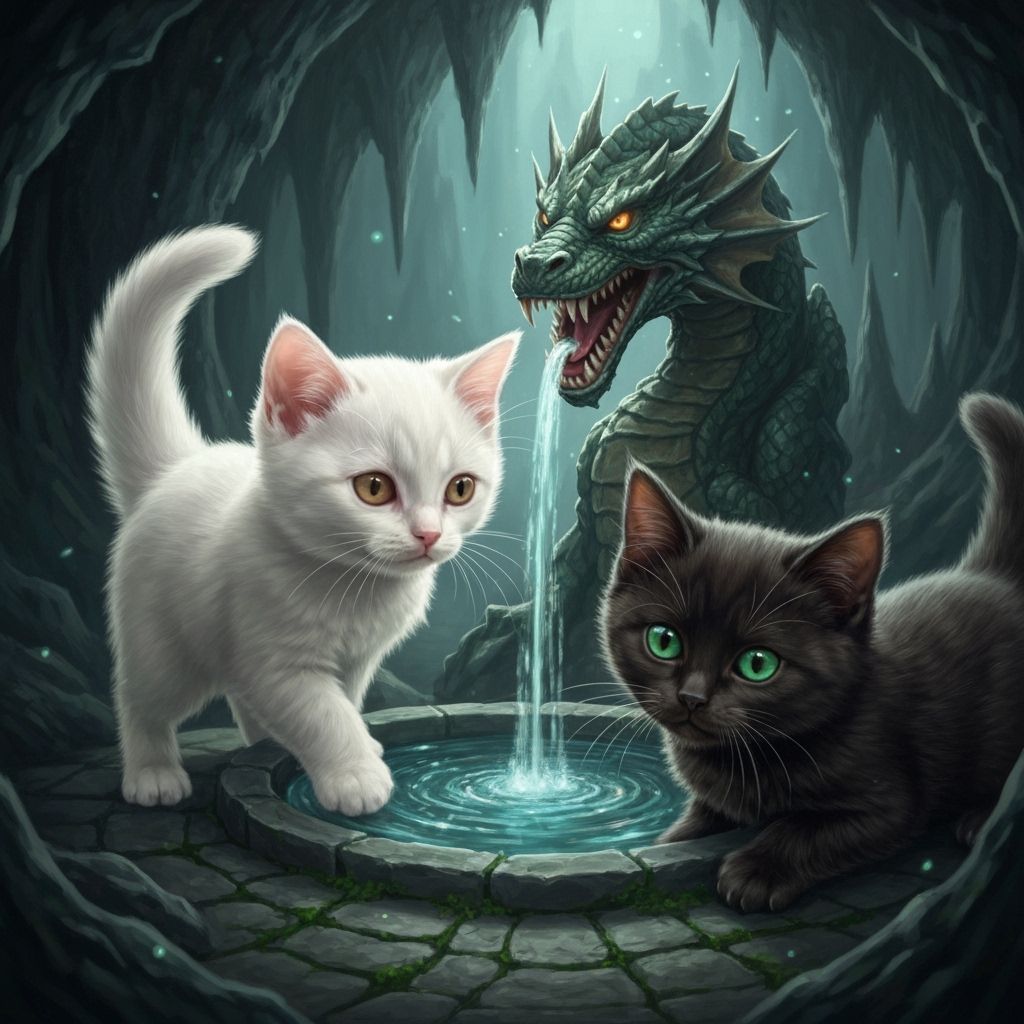 Kittens at Dragon Fountain in Digital Painting Style
