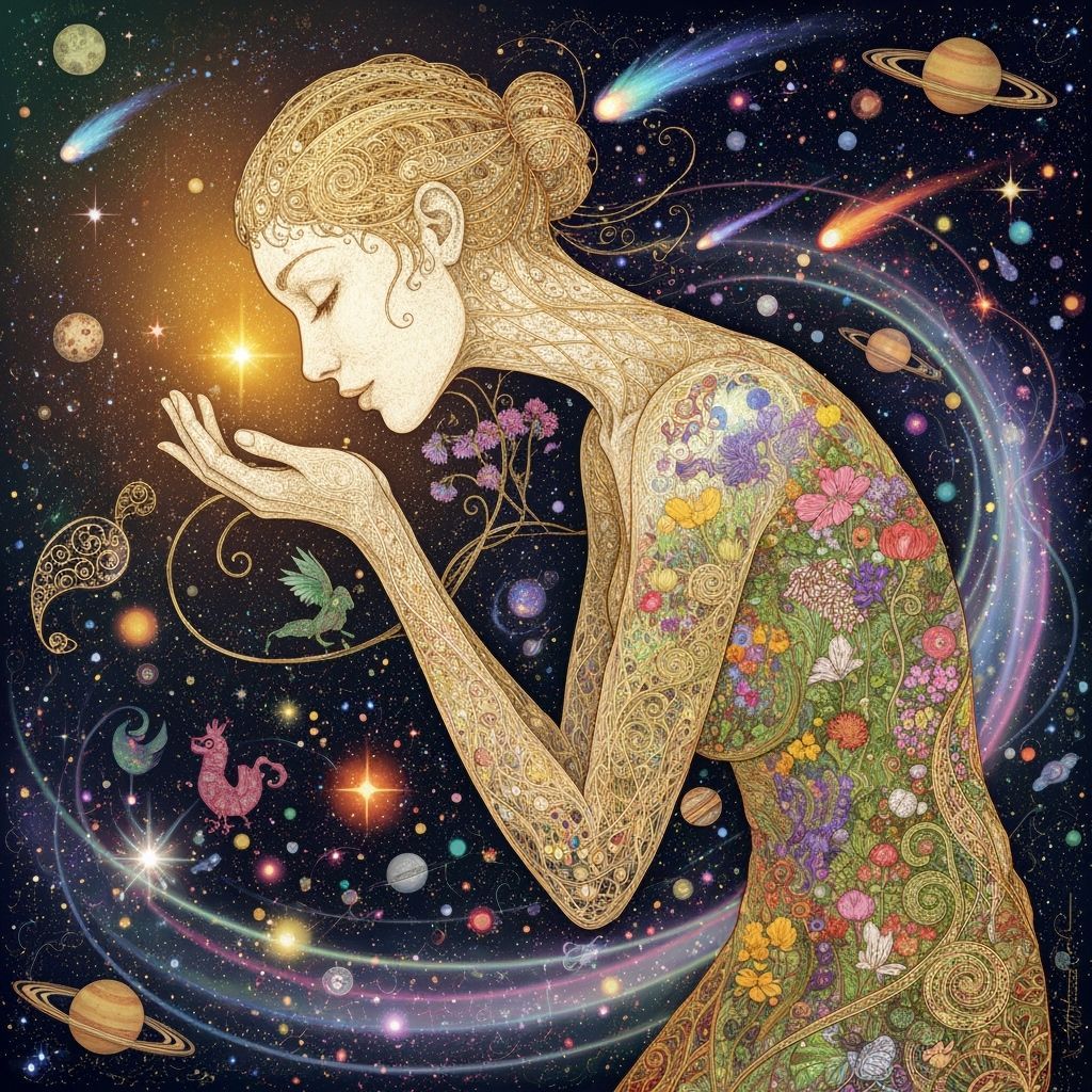 Filigree Woman Kisses Surreal Garden in Ethereal Glow