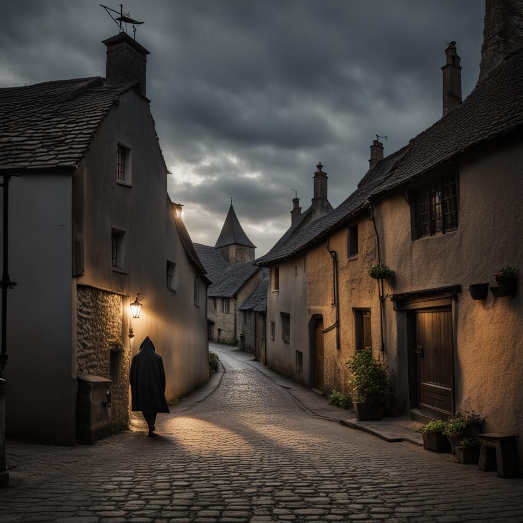 Medieval Village: Shadowed Figure in Alleyway