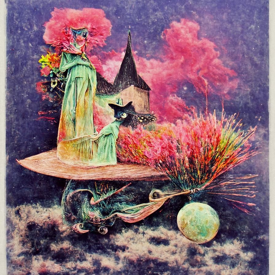Vintage Witch Postcard in Surrealist Style