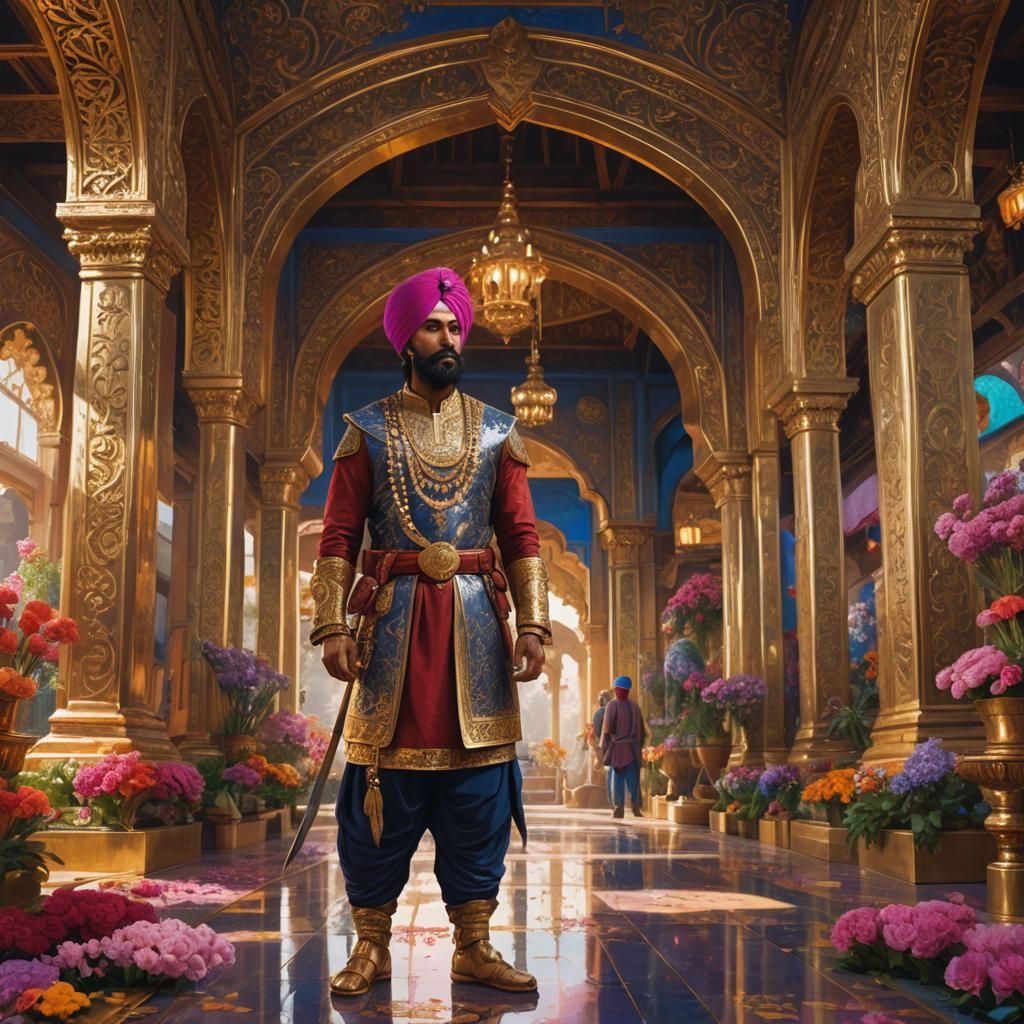 Sikh Warrior Portrait in Gilded Temple