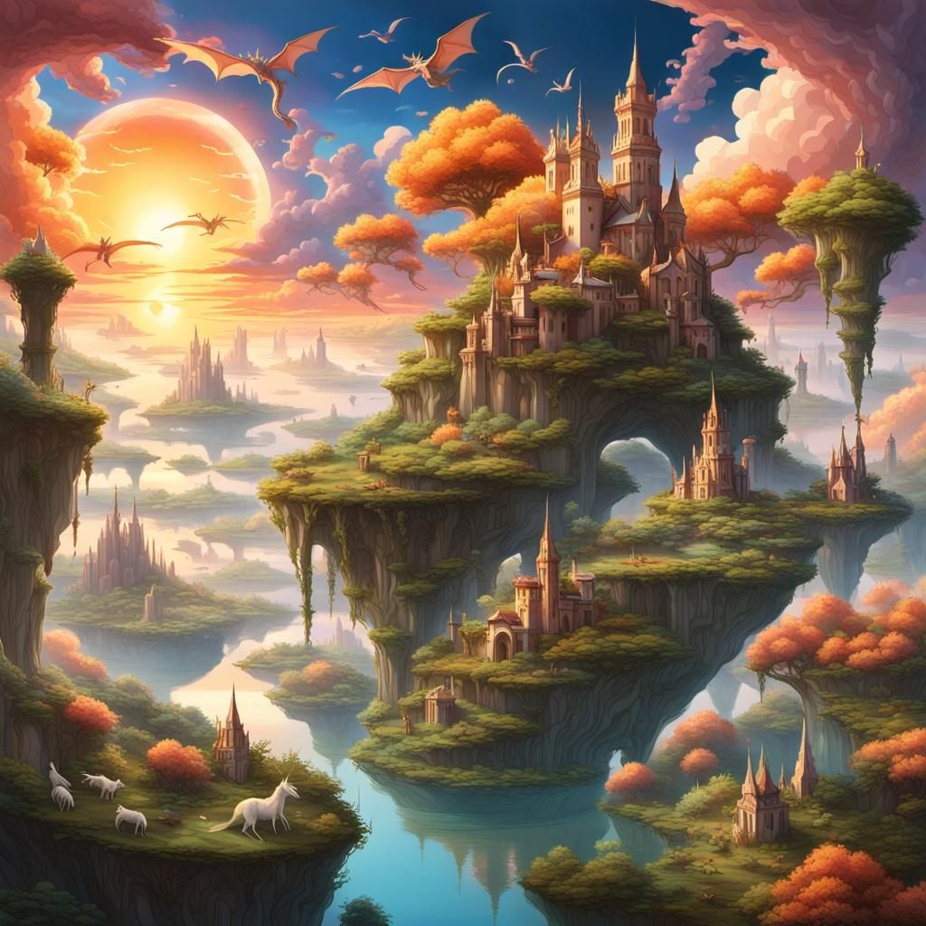 Otherworldly Landscape with Floating Islands and Celestial C...