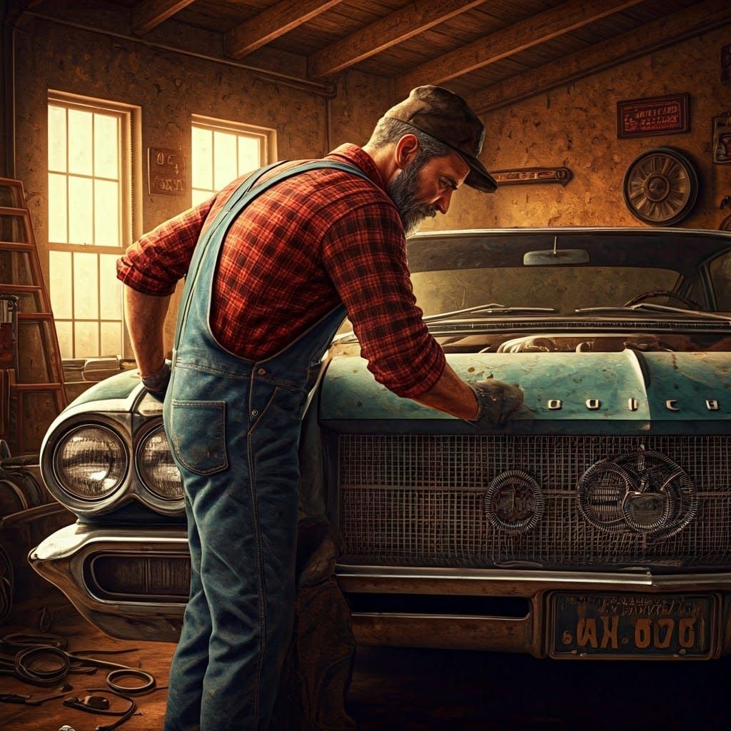 Gruff Mechanic Amidst Vintage Garage Elegance