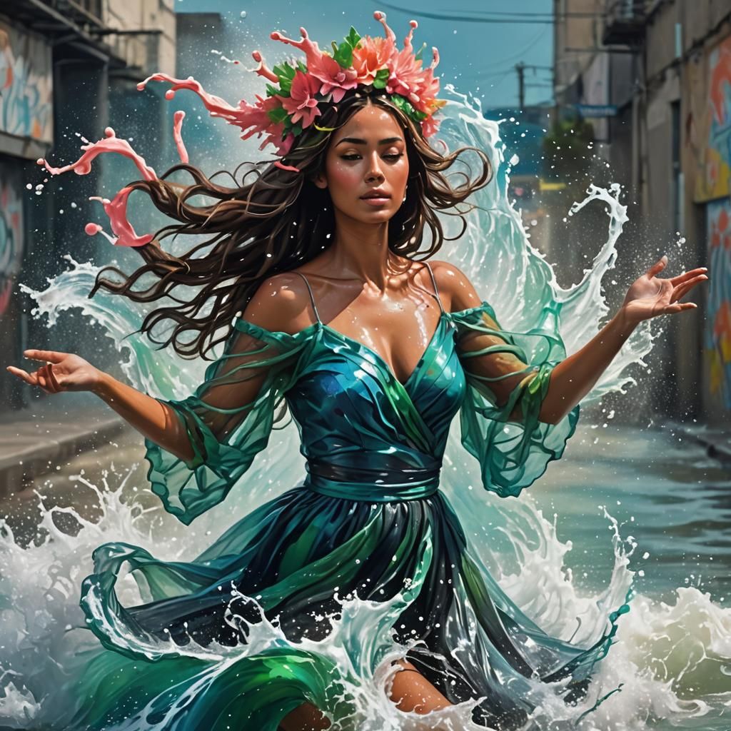 Ocean Goddess Emerges in Splash Art Style