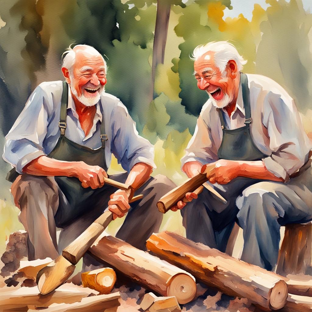 Laughing Old Men Chopping Wood, Gouache Watercolor Style