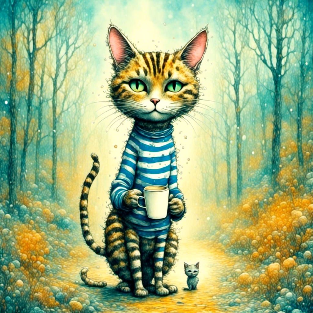 Tabby Cat with Zebra Stripes Enjoys Coffee in Park