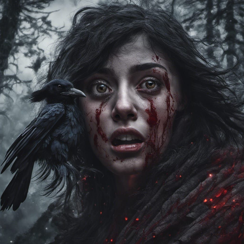 Hyperrealistic Raven Woman Screaming in Starlight Forest