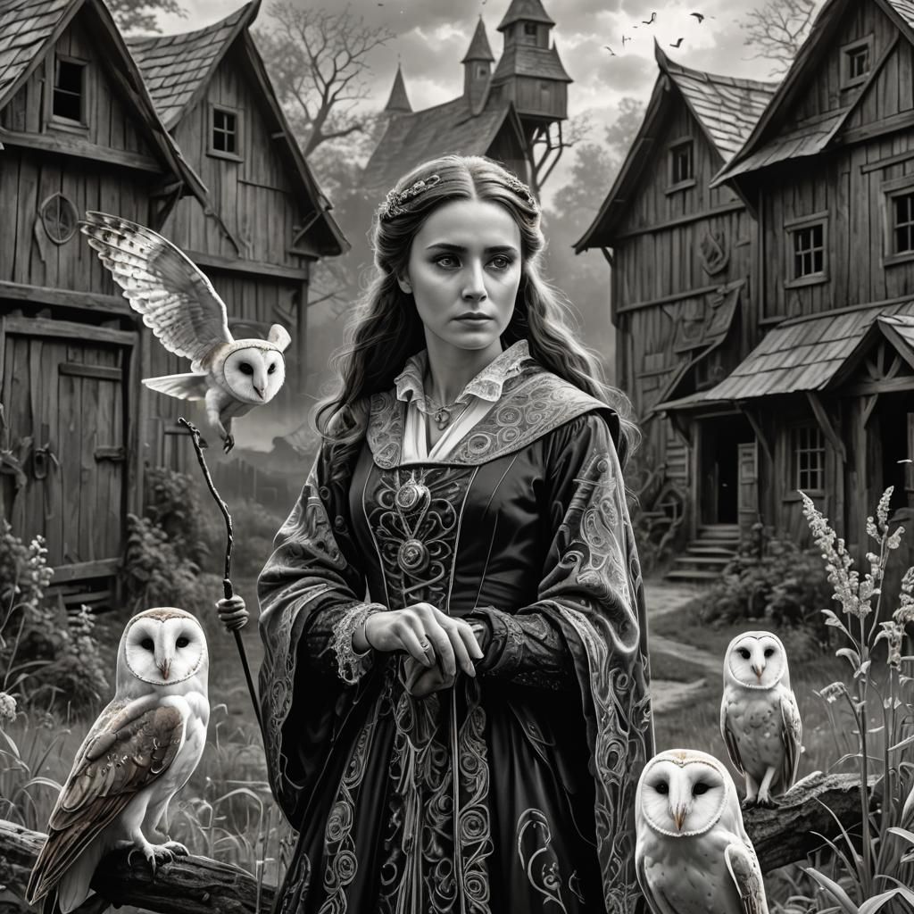 Victorian Sorceress in Monochrome Landscape