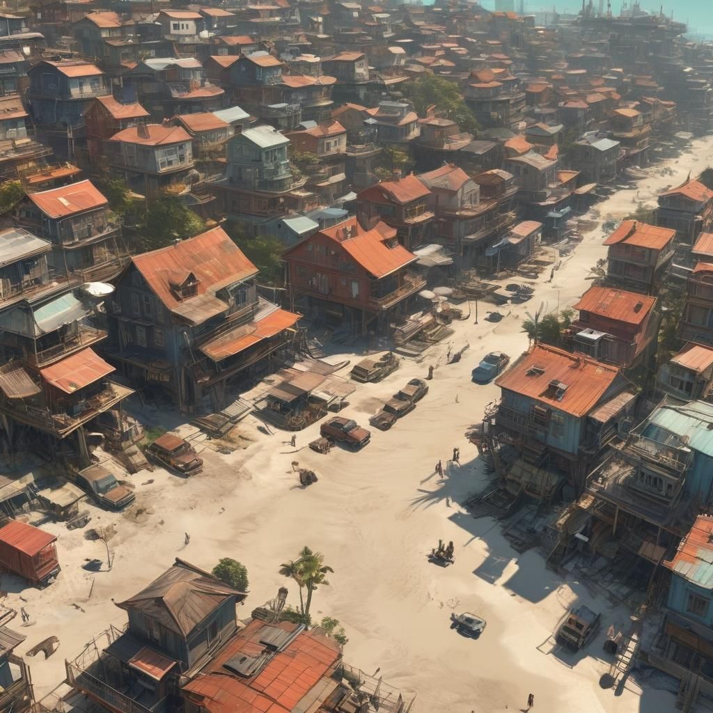 Enchanted Dieselpunk Beach Village Under Nebula Sky