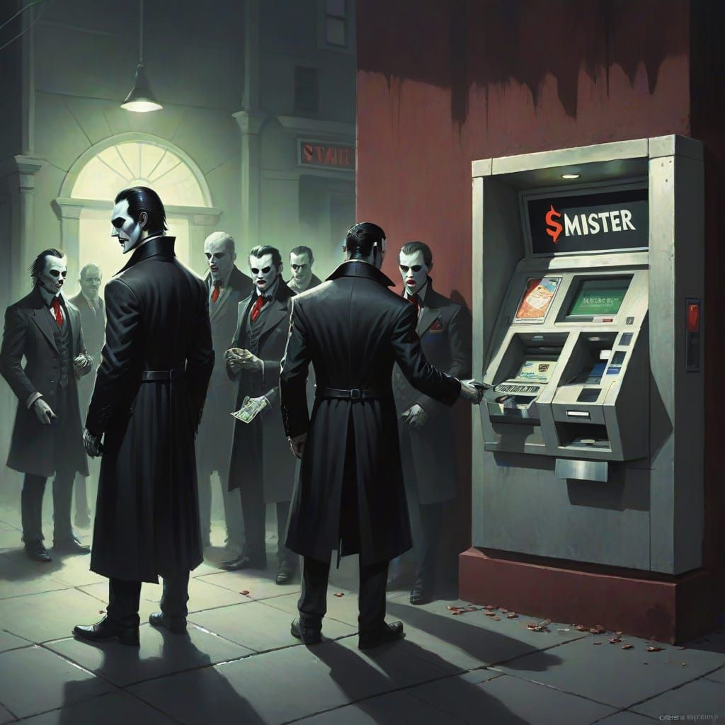 Sinister Vampires Queueing at a Cash Machine
