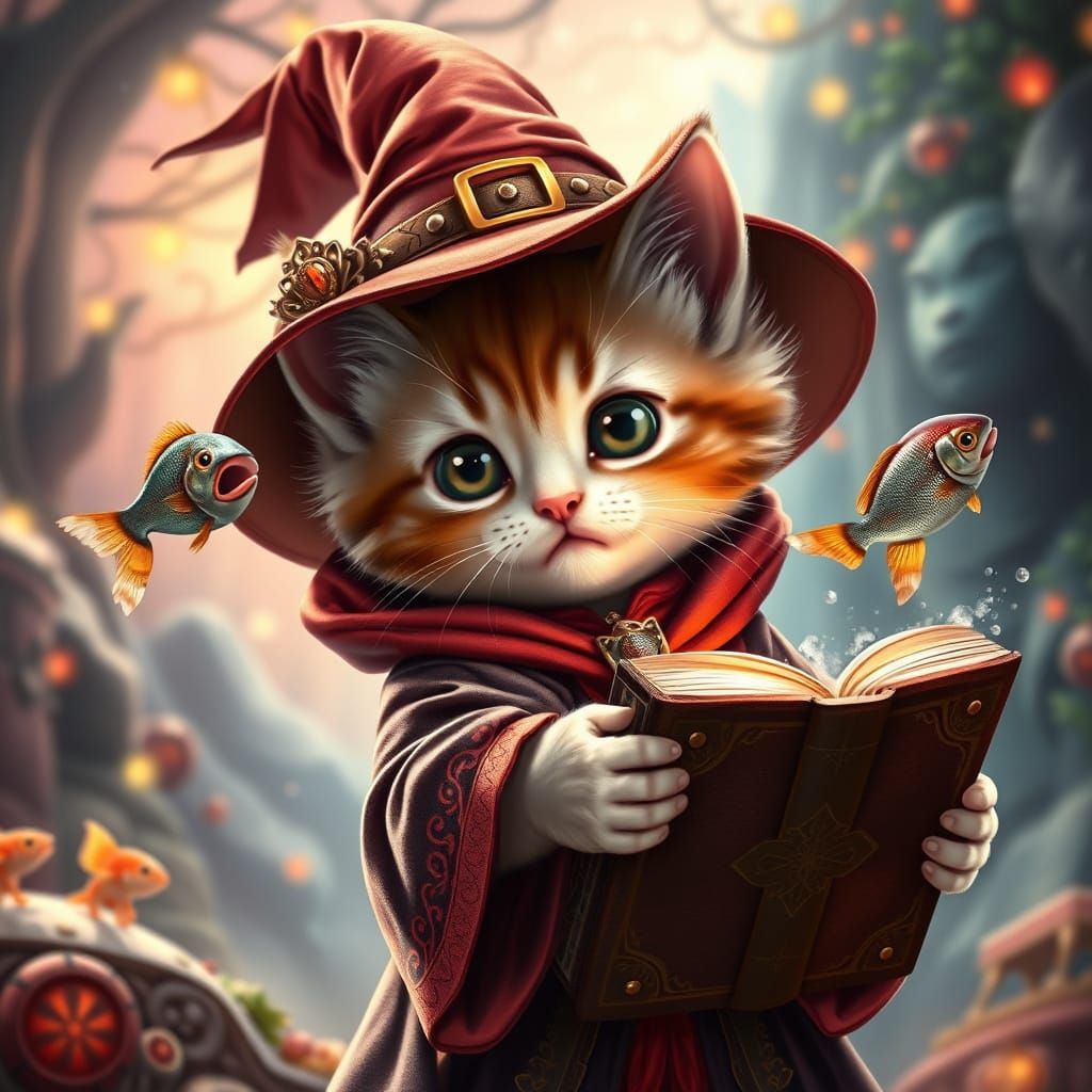 Enchanted Kitten Conjuror in Vibrant Fantasy Realm