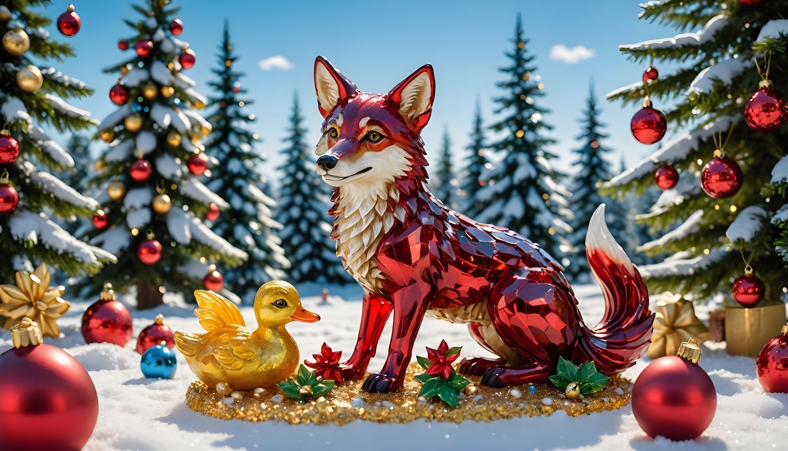 Christmas Wolf and Duckling Glass Sculpture