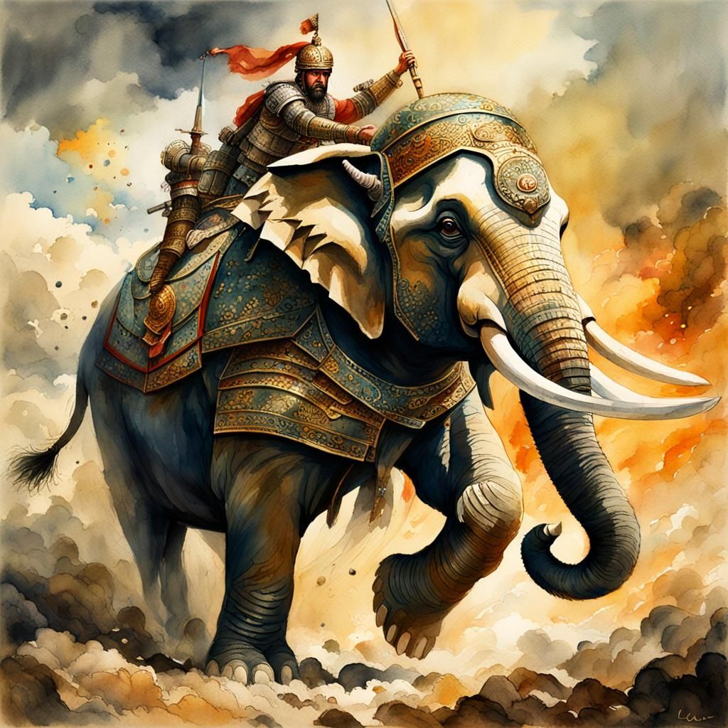 Armored War Elephant in Epic Watercolor Battle