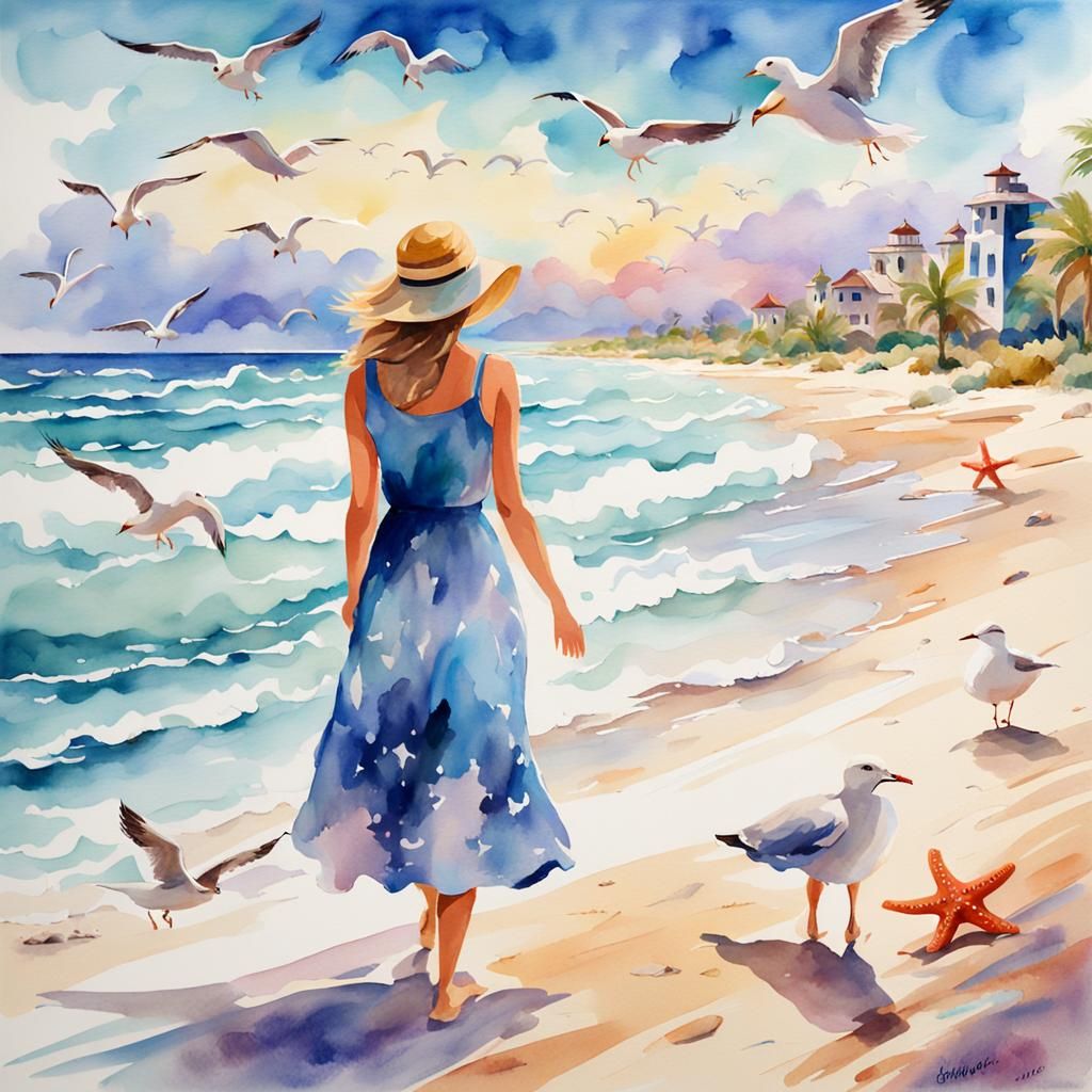Warm Watercolor Scene of a Happy Woman Walking Along the Bea...