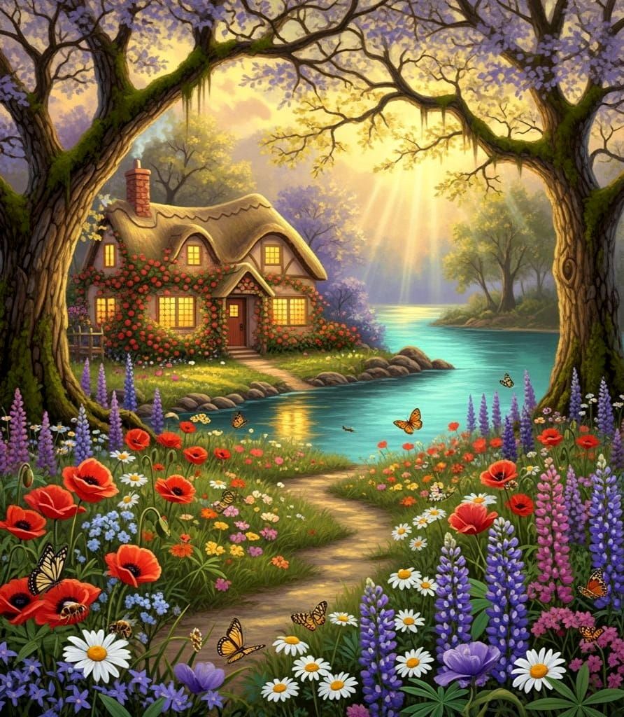 Cozy Lakeside Cottage in Painterly Style