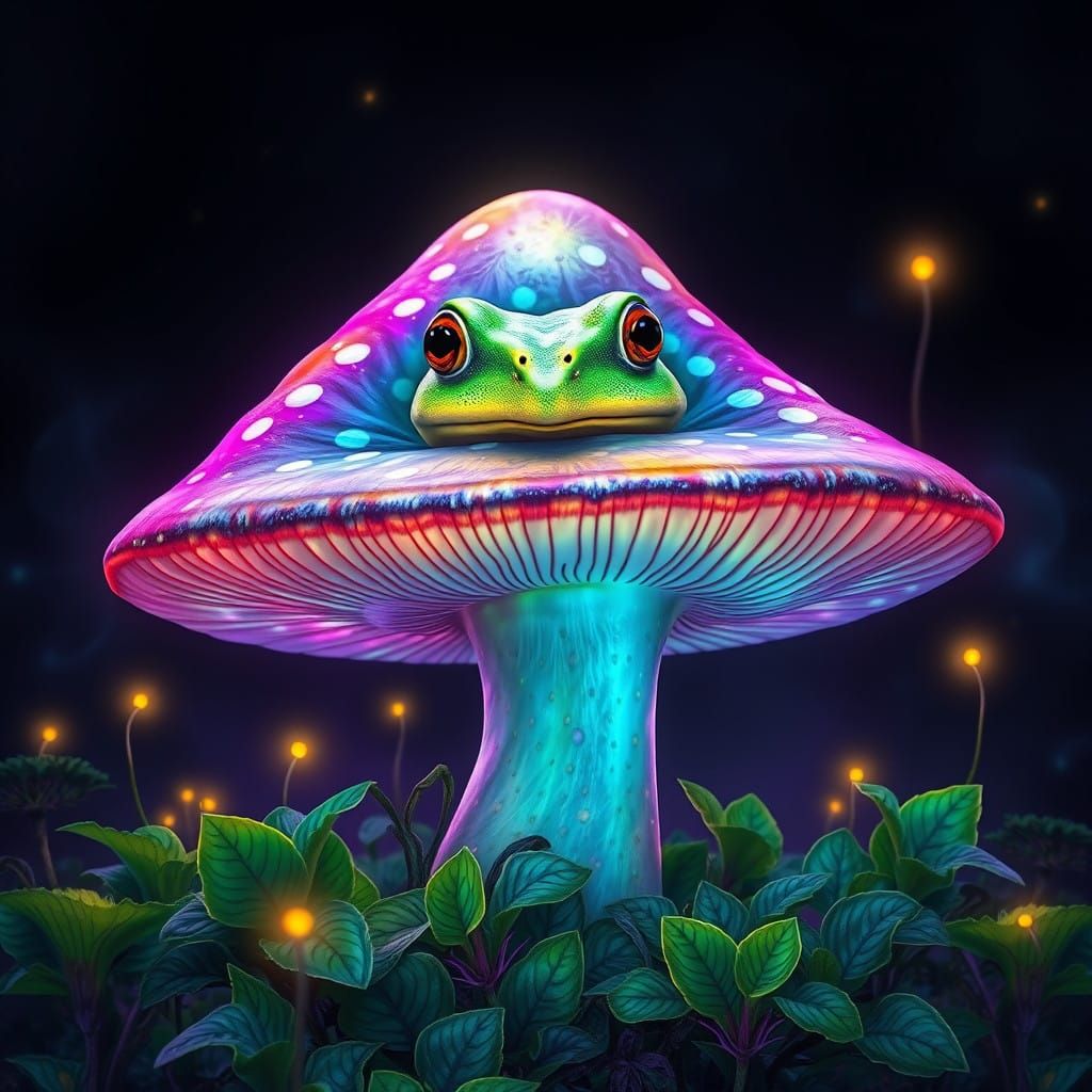 Vibrant Mushroom with Wise Frog Reveals Fantasy Realm