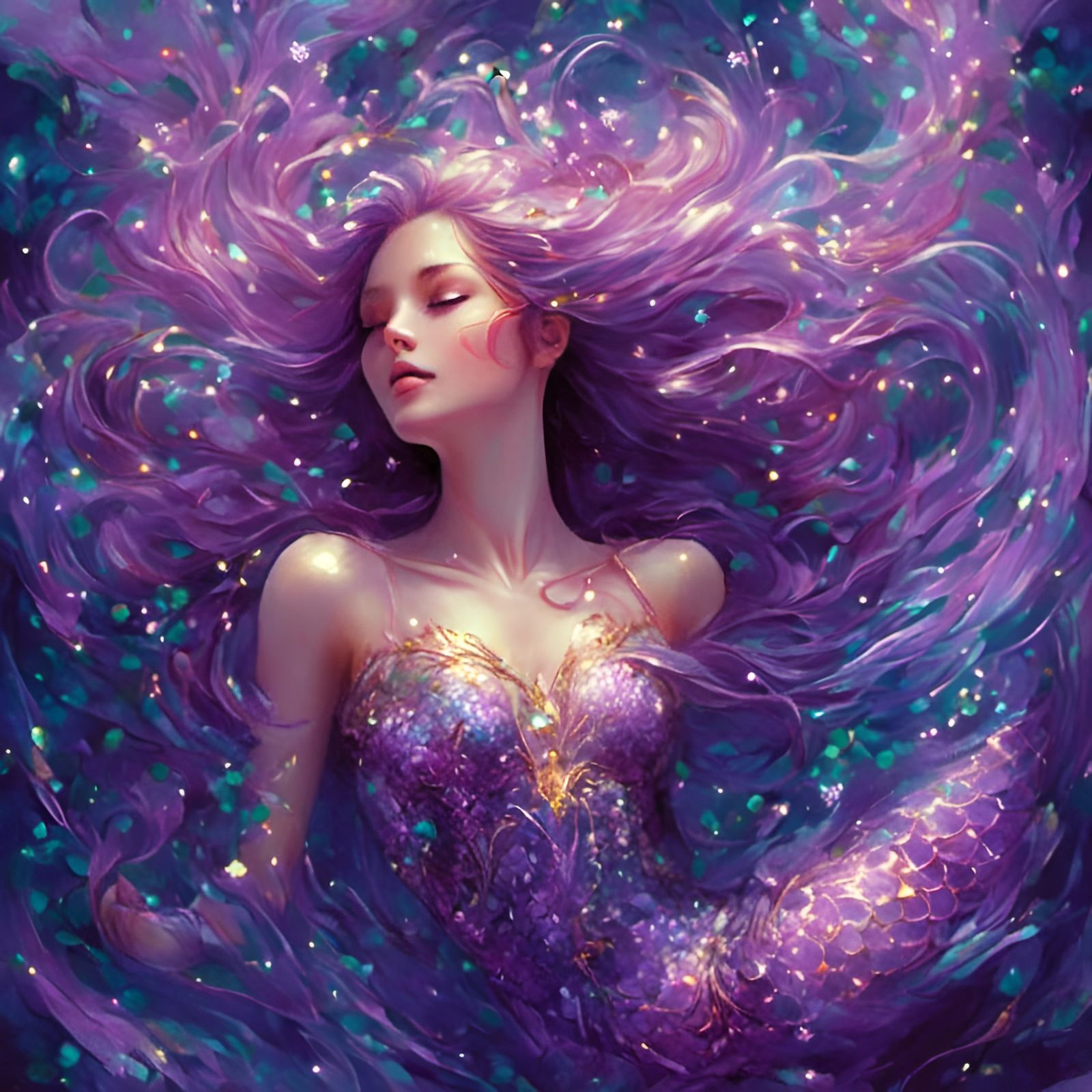 Beautiful Purple Mermaid Swimming Underwater