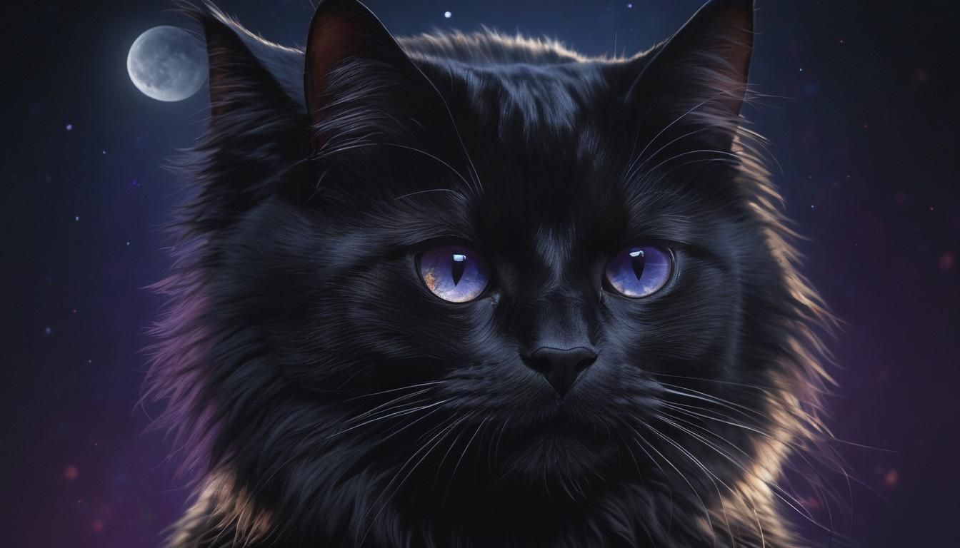 Black Cat Under Moonlight in Hyperrealistic Style