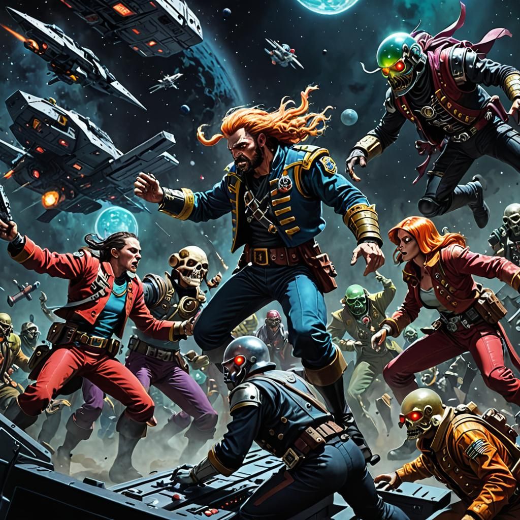 Space Pirate Battle in Vintage Sci-Fi Style