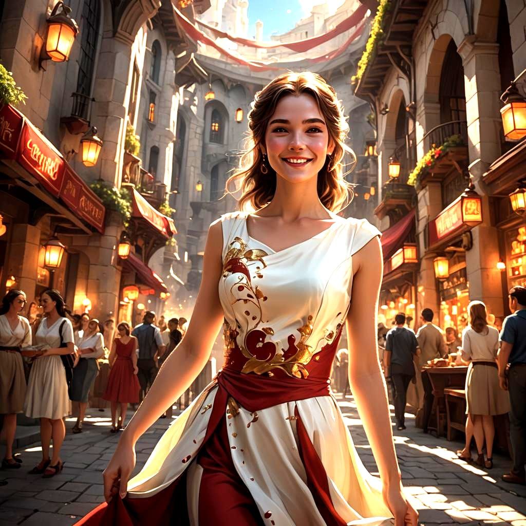 Beautiful Woman in Red and White: Detailed Matte Painting
