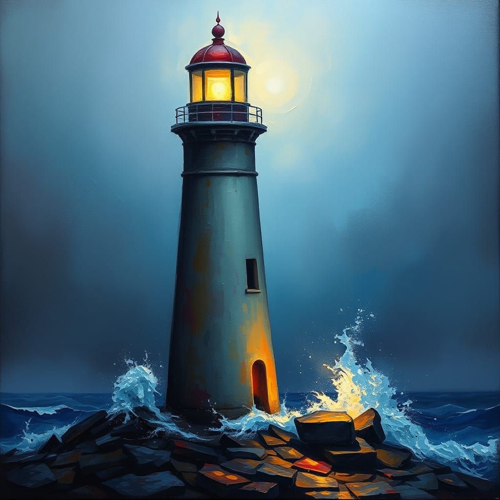 Neo-Expressionist Lighthouse in Dark Fog